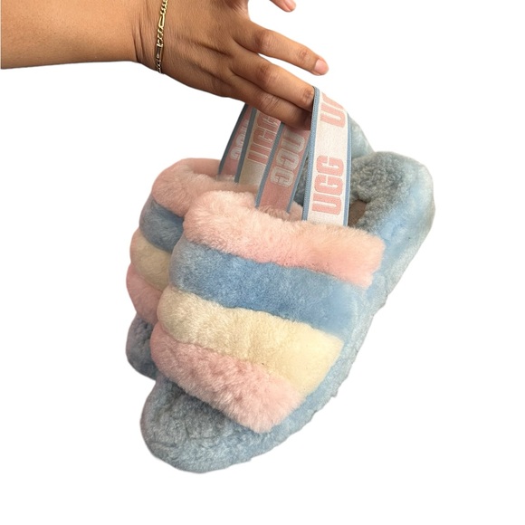 UGG Pastel Fluff Yeah Furry Pride Slingback Striped Pink Blue Slippers Sandals - Picture 5 of 12